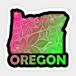 Colorful mandala art map of Oregon with text in pink and green Sticker